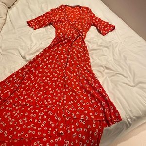 Ganni tomato red Total Eclipse floral-print crepe de chine midi wrap